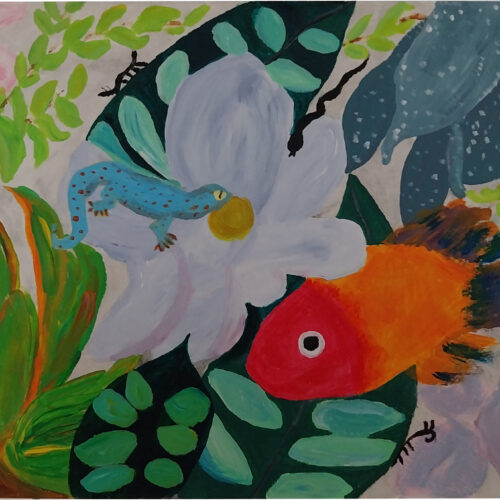 a colorful painting shows a blue salamander on a white flower and an orange red fish swimming among large green leaves, with small ants crawling nearby and lush plants in the background.