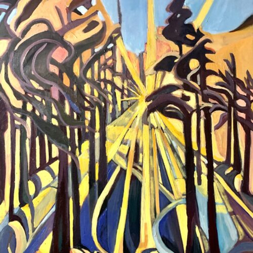 abstract painting of tall, dark trees with swirling trunks and branches. bright yellow sunlight beams radiate through the trees, creating dynamic patterns against a blue and orange sky. the scene is vibrant and energetic.