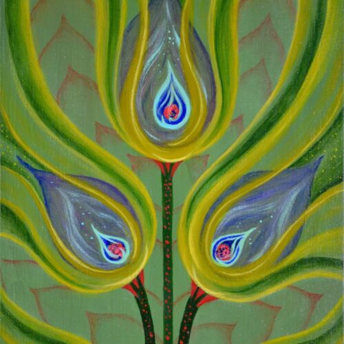 abstract painting of three green and yellow teardrop shaped forms with blue, red, and white centers, resembling stylized flowers or buds, set against a green background with curved, flowing lines.