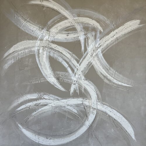 abstract painting featuring dynamic white and light gray curved brushstrokes intersecting on a muted gray background, creating a sense of movement and energy.
