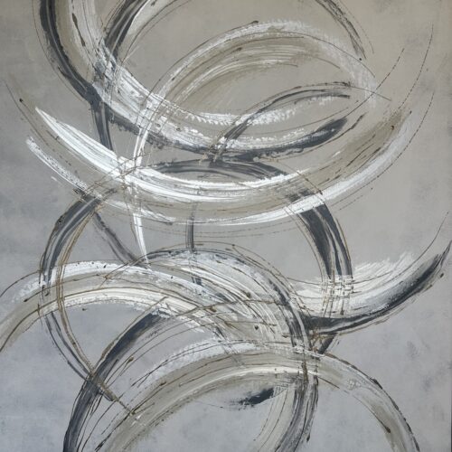 abstract painting featuring sweeping, overlapping brushstrokes in shades of white, gray, and beige on a light gray background, creating a sense of dynamic movement and layered texture.