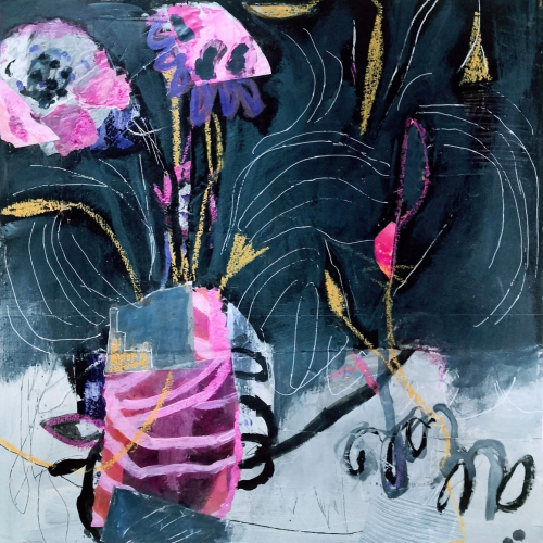 Abstract painting of pink and purple flowers in a vase, set against a dark background with swirling yellow and white lines, giving a sense of movement and texture.