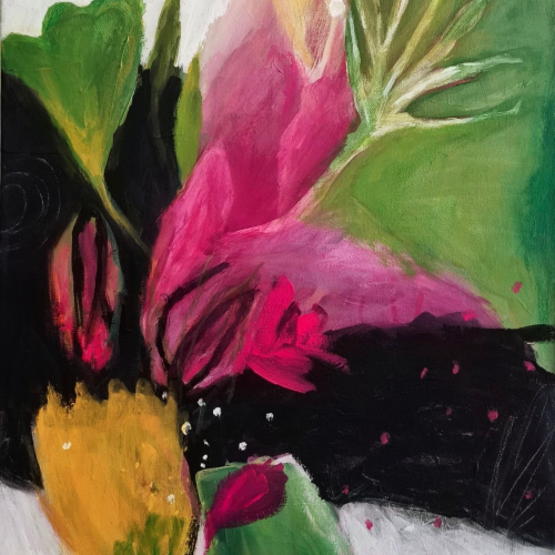Abstract painting featuring bold strokes of pink, green, yellow, black, and white. Shapes suggest leaves and petals, blending together with dynamic, energetic movement throughout the composition.