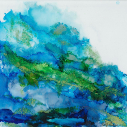Abstract watercolor art in shades of blue and green, blending together to create a fluid, organic pattern reminiscent of underwater scenery or a landscape seen from above. With its soft edges and areas of light and dark color, this piece offers a captivating visual perfect for elevating any e-commerce gallery or creative online storefront.