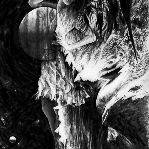 A surreal black-and-white drawing of a woman holding a dark sphere, with flowing hair and dress merging into abstract, swirling shapes. Celestial objects appear in the dark background.