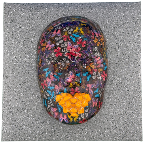 A sculpted human face is covered in colorful butterfly patterns on a textured gray background, with bright yellow butterflies accenting the chin and mouth area.