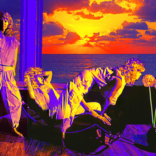 A stylized, colorful scene of a woman relaxing in a chair by a window at sunset, with another standing by patterned curtains, and flowers in a vase on a wooden floor overlooking the ocean.