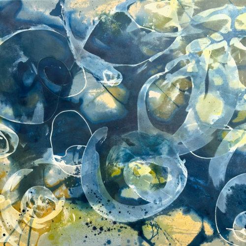 Abstract painting with swirling blue, white, and yellow shapes, featuring overlapping transparent circles and organic forms, creates a sense of movement and fluidity across the canvas—making it a striking visual centerpiece perfect for any e-commerce art collection.