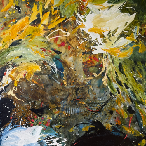Abstract painting with swirling brushstrokes in yellow, white, green, black, and blue, creating a dynamic, chaotic scene with splatters and layers—a perfect statement piece for your e-commerce art collection—evoking a sense of movement and energy amid earthy tones.