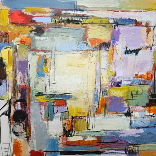 Abstract painting with vibrant blocks and strokes of yellow, blue, red, orange, purple, and white, featuring bold lines and textured layers that create a dynamic, colorful composition.