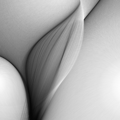 Abstract black and white image with smooth, curved lines and shaded textures, resembling flowing fabric or organic forms, intersected by areas of bright light.