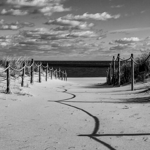 A sandy path lined with posts and rope leads to the ocean under a partly cloudy sky. The shadows of the ropes curve across the sand. The image is in black and white.