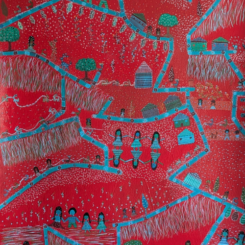 Folk art on a red background shows people walking along winding paths, trees, huts, and lush fields, all depicted with blue, green, and white lines and dots in a vibrant rural landscape style.