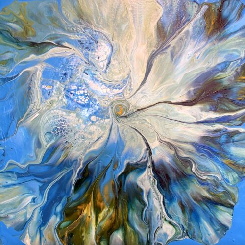 abstract painting resembling a swirling flower or sea creature, with shades of blue, white, green, and hints of brown blending outward from a central point, creating a sense of flowing motion.