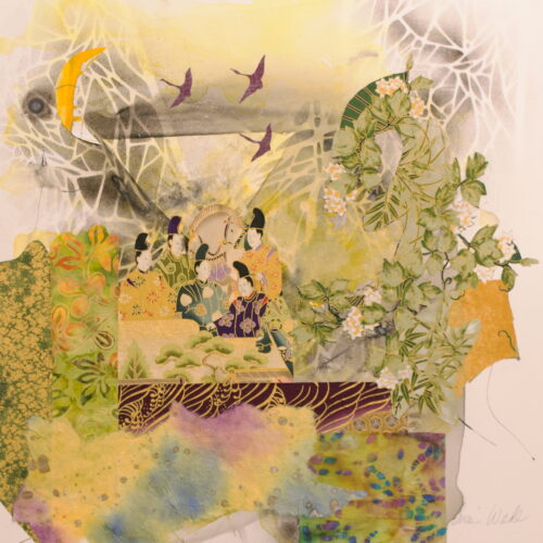 a detailed, ornate illustration features six figures in traditional japanese attire, surrounded by abstract patterns, green foliage, flowers, birds, and soft yellow and lavender hues blending together.