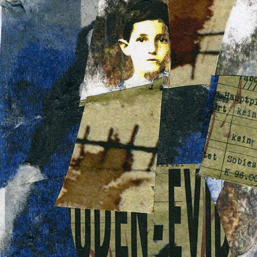 a collage featuring a black and white portrait of a young person, torn paper scraps, handwritten notes, text fragments, and a photo of a barbed wire fence, creating a layered and textured composition with a somber mood.
