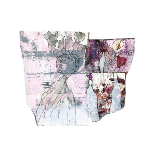 Abstract mixed-media artwork features pastel pinks and purples, overlapping textures, and sketchy line drawings of organic shapes resembling flowers and figures against a white background—perfect for adding a unique artistic touch to your e-commerce collection.