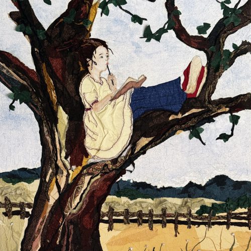 A girl in a yellow dress and red shoes sits in a tree, reading a book she found on an e-commerce site. Fields and a wooden fence stretch out in the background under a pale sky.