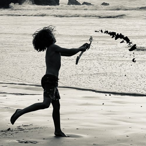 Silhouette of a child on a beach, swinging a stick and scattering sand or mud, with waves and rocky cliffs in the background—an image perfect for enhancing your e-commerce listings with its playful and adventurous spirit.