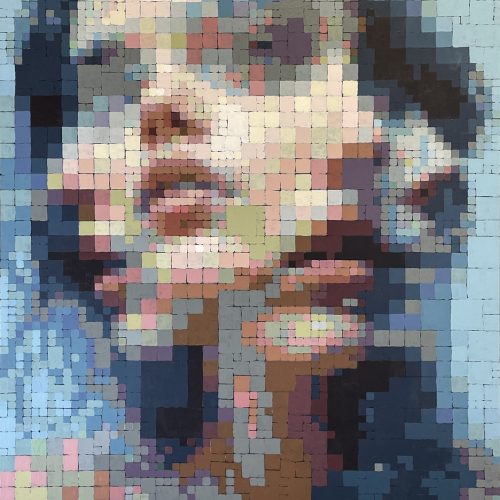 A pixelated portrait shows a woman’s face repeated three times horizontally, creating a blurred, abstract effect with muted blue, pink, and brown tones—a striking visual reminiscent of modern e-commerce graphics.