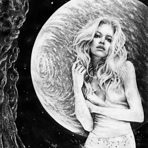 A woman with long hair stands in front of a swirling, moon-like background in a starry space scene, her expression contemplative and dreamy. The image is rendered in black and white with detailed shading, evoking the imaginative atmosphere often showcased in e-commerce artwork collections.