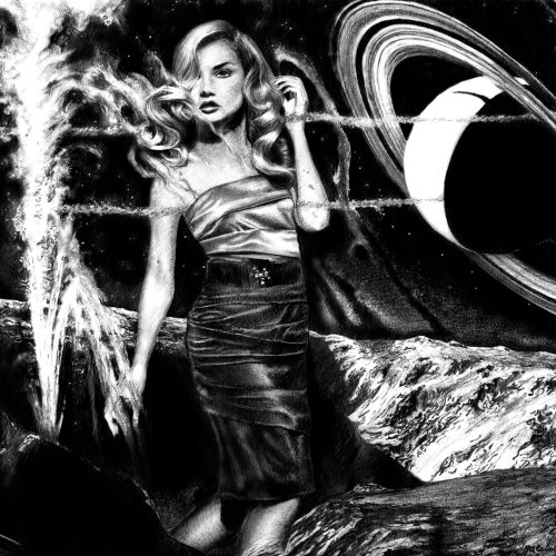 A woman in an elegant dress stands on a rocky, alien landscape with geysers erupting and Saturn-like rings in the starry sky behind her, embodying the spirit of cosmic e-commerce as she gazes into a futuristic world of seamless online shopping.