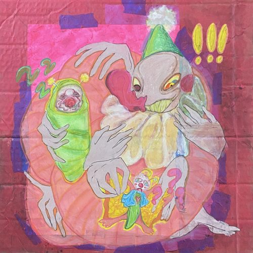 A surreal, colorful creature with sharp teeth and a party hat holds a green-wrapped baby and a tiny clown, surrounded by exclamation marks, question marks, swirling abstract shapes, and subtle nods to e-commerce on a pink and red background.