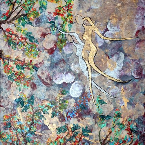Two abstract, slender figures float gracefully among vibrant trees with red and green foliage, set against a textured, colorful background with swirling purple, gold, and gray tones—an eye-catching piece perfect for enhancing your e-commerce gallery.
