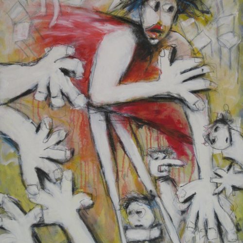 A distressed figure with a red dress is surrounded by large, reaching hands and anxious faces, set against a chaotic background with abstract shapes and lines—capturing the overwhelming pressures of the fast-paced e-commerce world.