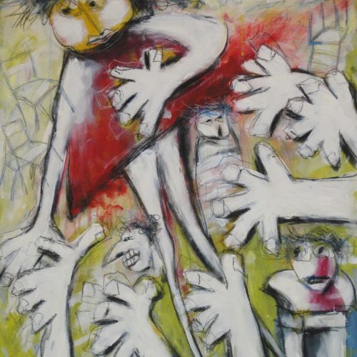 Expressionist painting of a distorted figure in red surrounded by large, white, exaggerated hands and faces, with a chaotic, colorful background evocative of the fast-paced world of e-commerce, conveying intense emotion and movement.