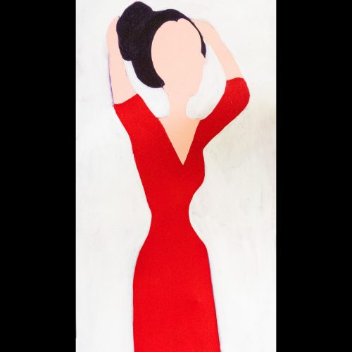 Minimalist painting of a faceless woman in a red dress with black hair, standing with her arms raised and hands behind her head against a light background—an elegant piece perfect for contemporary e-commerce collections.
