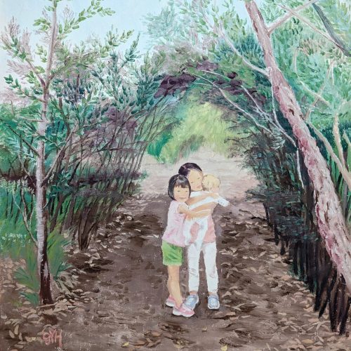 Two children stand on a dirt path in a wooded area, hugging each other. The child on the left wears green shorts and a light shirt; the child on the right wears white and holds a small doll. Trees and foliage surround them, creating a serene moment far removed from the buzz of e-commerce and modern distractions.