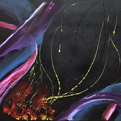 Abstract painting with swirling purple and blue ribbons, yellow splatters, and red accents against a dark background—perfect for adding vibrant energy to your e-commerce space. Thin yellow lines arc across the image, adding dynamic movement that draws the eye, making this piece an ideal focal point for any online product display or digital storefront.