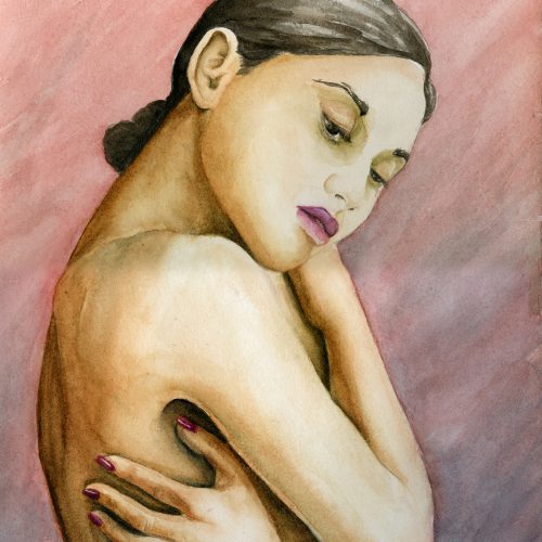 Watercolor painting of a woman with dark hair in a bun, hugging herself with eyes closed. The background features soft shades of pink and purple, evoking a sense of calm and introspection—an inspiring piece perfect for adding serenity to any e-commerce collection.