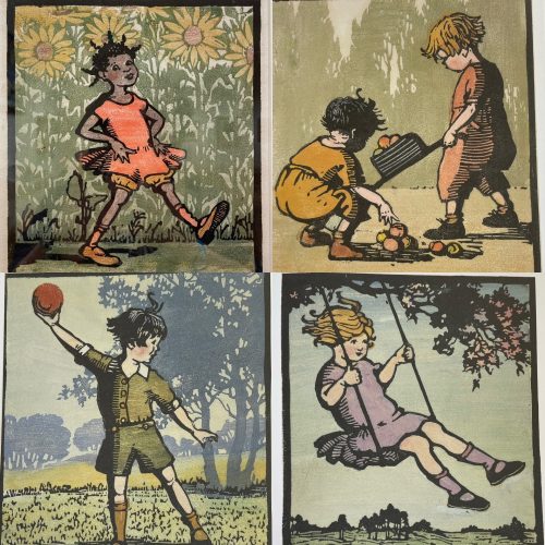Four vintage-style illustrations of children: a girl in a flower field, two kids playing with fruit, a boy tossing a ball, and a girl swinging from a tree branch over a field, all dressed in early 20th-century clothing—perfect for adding nostalgic charm to your e-commerce shop or creative online store.