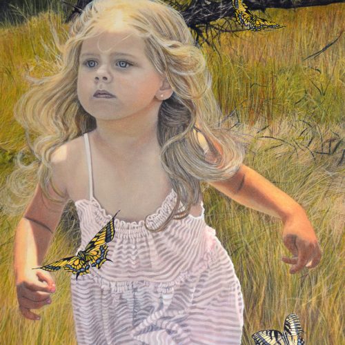 A young girl in a light pink dress runs through tall grass with three yellow and black butterflies flying near her, a scene that could easily grace the homepage of an e-commerce site specializing in children’s clothing. The background shows green and brown grass and trees.