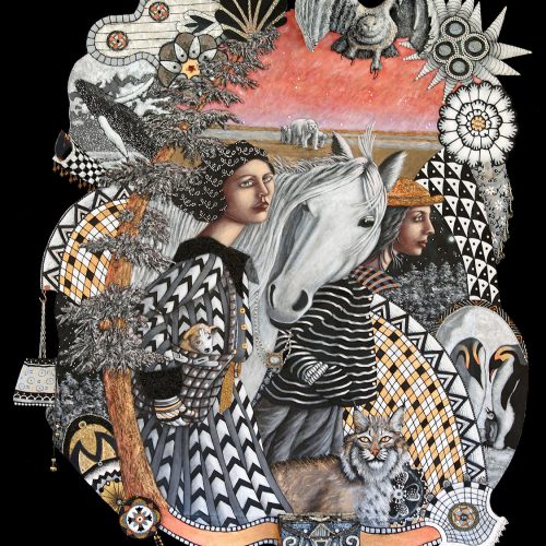 Two women in patterned clothing stand with a white horse and a lynx, surrounded by decorative geometric designs, trees, and a bird. The background features a red-orange sky. Reminiscent of an e-commerce showcase for unique art prints, the overall image has a surreal and ornate composition.
