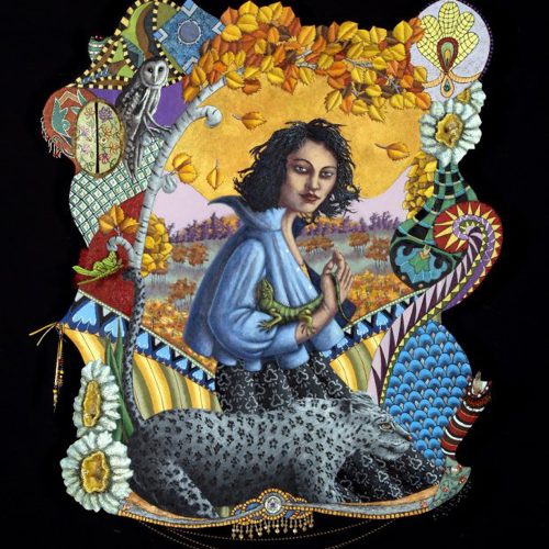 A woman with dark hair, wearing a blue shirt, sits beside a leopard under a tree with yellow leaves. Colorful patterns, an owl, a bird, and flowers surround them amid a vibrant landscape in the background, creating an enchanting scene reminiscent of e-commerce imagery that celebrates diversity and wonder.