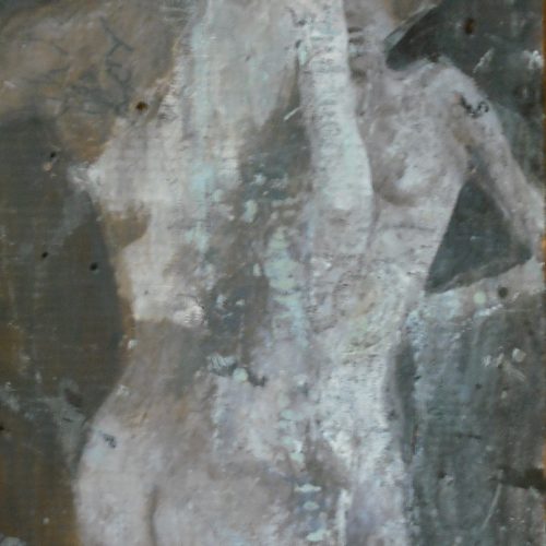 Abstract painting of two nude human figures standing close together, depicted in muted tones of gray and white, with blurred and overlapping outlines against a dark, textured background—an evocative piece perfect for adding sophistication to any e-commerce art collection.