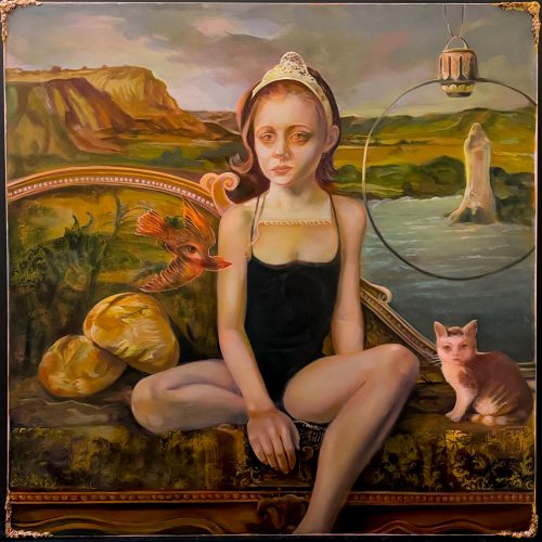 A girl in a black swimsuit sits on a couch with a bird, a cat, and surreal landscapes in the background—including cliffs, water, and a hand-like rock formation—creating a scene as captivating as an e-commerce display of dreamlike escapes.
