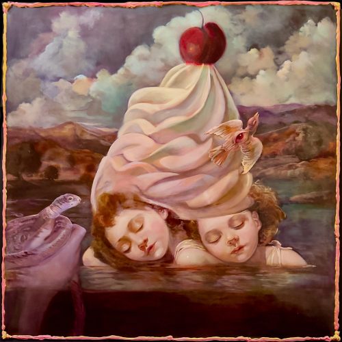 Two children with closed eyes float in water. Their hair blends into a swirl of cream topped with a cherry, reminiscent of a whimsical e-commerce advertisement come to life. A yellow bird flies by, and a snake rests nearby against the backdrop of a colorful, dreamy landscape.