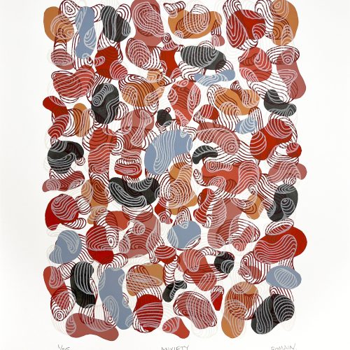 Abstract artwork featuring overlapping organic shapes in red, black, orange, gray, and white, filled with swirling line patterns. The image feels busy and complex—capturing the intensity often felt in fast-paced e-commerce environments. The word “ANXIETY” is written below the artwork.