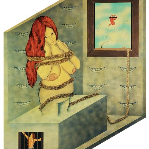A surreal painting reminiscent of a dreamlike e-commerce landscape: a topless woman with red hair bound by rope, surrounded by floating mouths. Through a window, a flying tongue tied by rope hints at narratives of restriction and freedom. In the bottom left corner, a small jail cell containing a solitary figure adds to the unsettling atmosphere.
