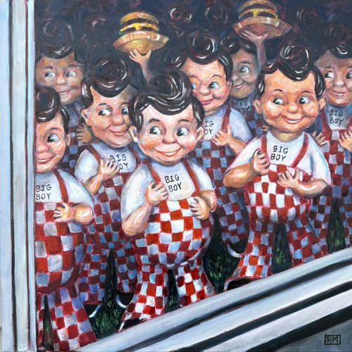 A group of cartoonish boys in red-checkered overalls and white shirts, labeled “BIG BOY,” stand together, some holding burgers, reflected multiple times in a pane of glass—capturing a playful moment reminiscent of vintage advertising that would make for eye-catching e-commerce visuals.