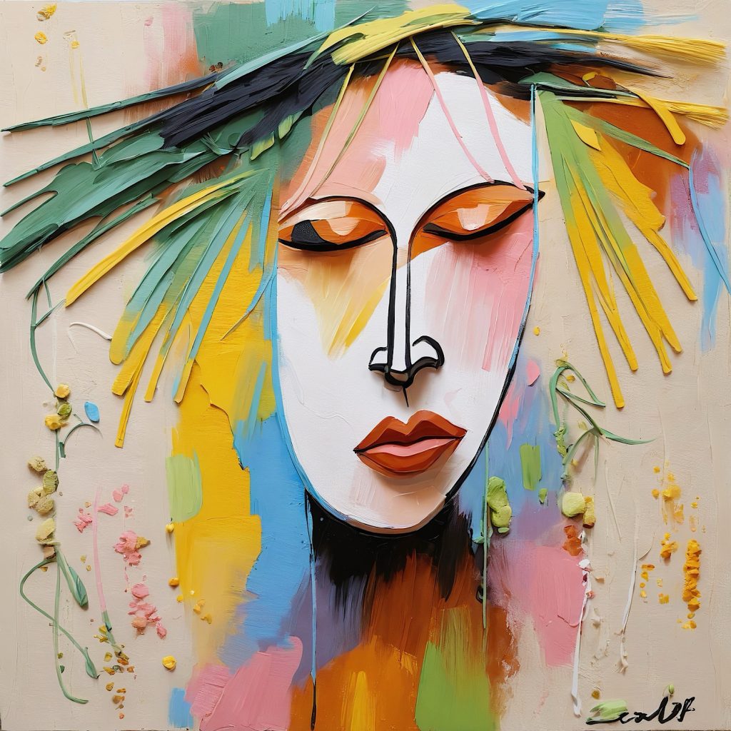 Colorful abstract painting of a serene face with closed eyes, surrounded by vivid brushstrokes and textured patches in yellow, green, blue, and pink tones, creating a dreamy, ethereal atmosphere—an ideal piece for adding artistic flair to your e-commerce collection.