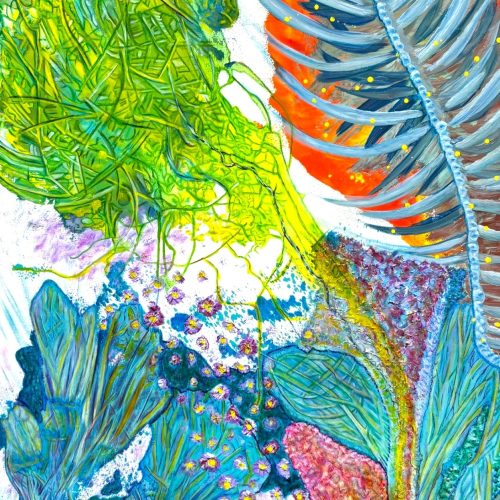 Abstract, colorful painting of green, yellow, and blue plants with orange and gray leaves, and clusters of small purple and yellow flowers on a white background. This bright, textured, and vibrant composition is perfect for adding artistic flair to any e-commerce collection or modern interior space.