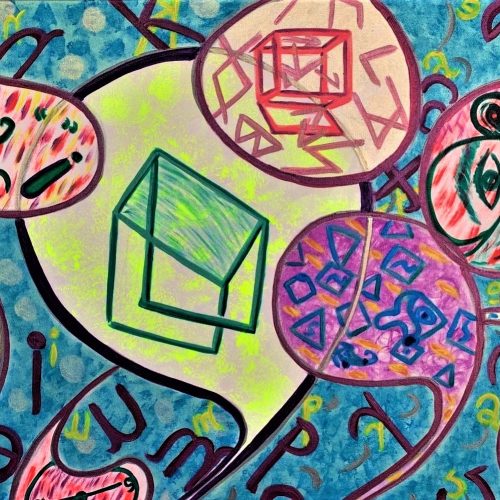 Abstract painting on a textured blue background filled with floating letters evokes the dynamic nature of e-commerce communication. A central light shape contains a neon green cube, reminiscent of modern digital transactions. Surrounding it are several paisley-shaped motifs filled with varied patterns, faces, geometric shapes, and symbols, capturing the complexity and diversity of today’s online marketplaces.