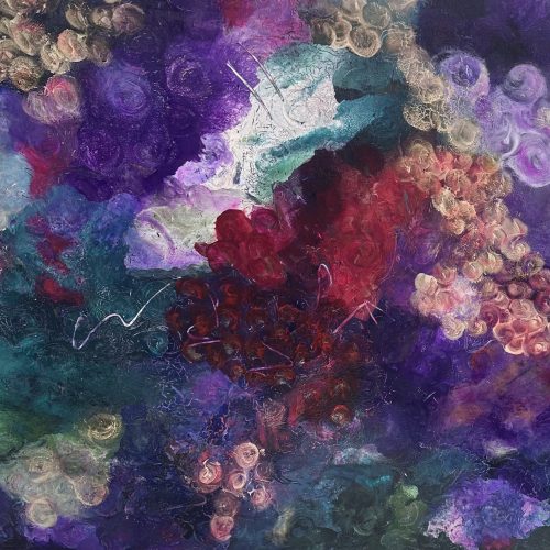Abstract painting with swirling brushstrokes in purple, teal, red, white, and gold creates a textured, cloud-like effect—ideal for e-commerce displays seeking vibrant, dynamic compositions. The colors blend and overlap beautifully, forming an eye-catching focal point that stands out in any online gallery.