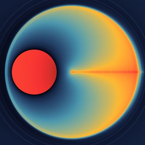 A large red circle overlaps a glowing, radiating yellow and blue gradient disk on a dark background, resembling a stylized, abstract planet or soundwave—evoking the dynamic energy often seen in modern e-commerce visuals.