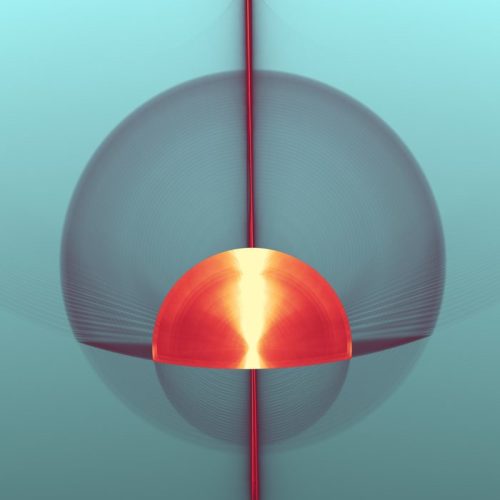 A digital abstract art piece inspired by e-commerce themes, featuring a glowing orange semicircle overlaid on a translucent blue sphere, intersected by a vertical red line, set against a light blue background.